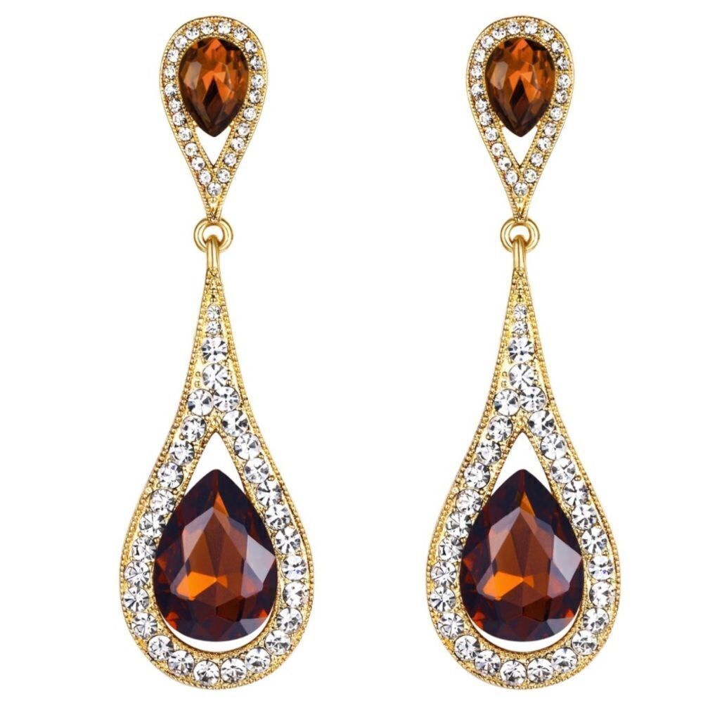 Yellow Gold with Brown Topaz and Diamond Austrian Crystal Dual Teardrop Earrings